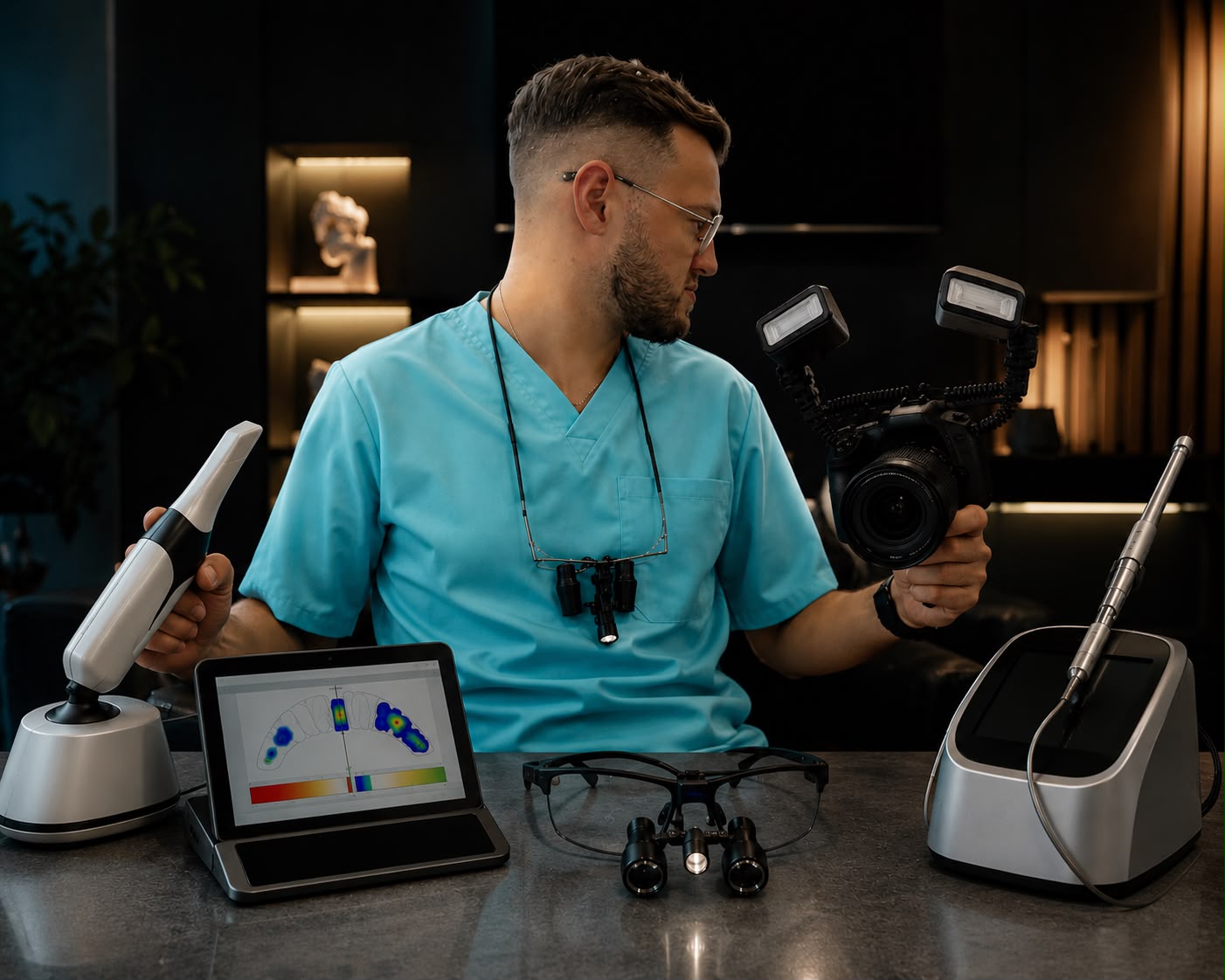 Dr. Victor Cepuc utilizând microscop dentar și tehnologii moderne în cabinet